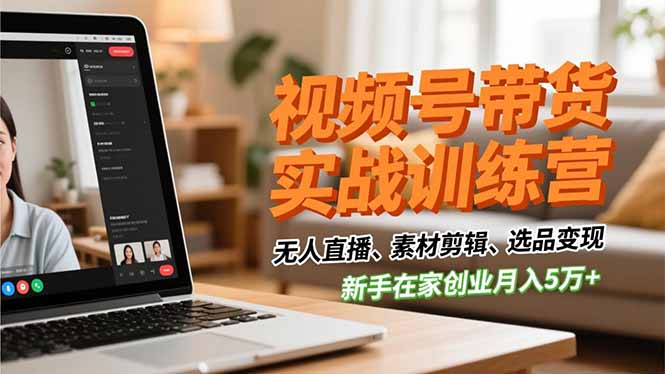 视频号带货实战训练营，无人直播、素材剪辑、选品变现，新手在家创业月入5万+-禾谷轻创网