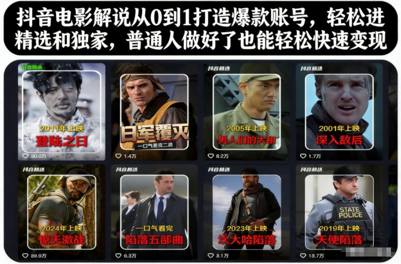 抖音电影解说从0到1打造爆款账号，轻松进精选和独家，普通人做好了也能轻松快速变现-禾谷轻创网