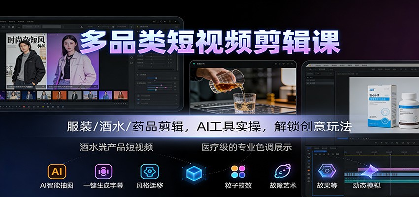 多品类短视频剪辑课：服装/酒水/药品剪辑，AI工具实操，解锁创意玩法-禾谷轻创网