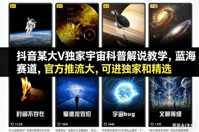 抖音某大V独家宇宙科普解说教学，蓝海赛道，官方推流大，可进独家和精选-禾谷轻创网