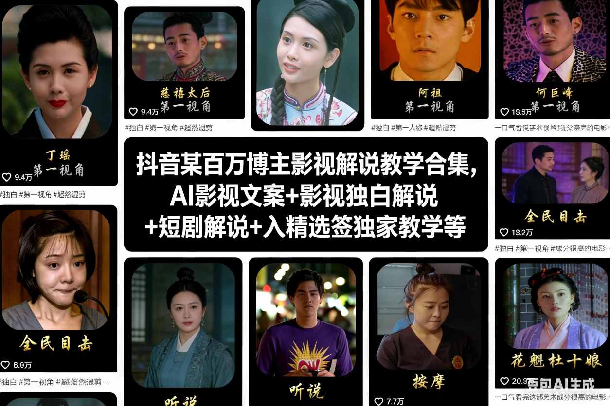 抖音某百万博主影视解说教学合集，AI影视文案+影视独白解说+短剧解说+入精选签独家教学等-禾谷轻创网