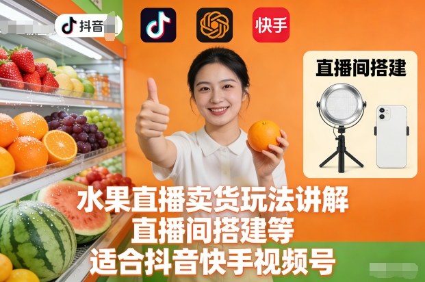 水果直播卖货玩法讲解、直播间搭建等，适合抖音快手视频号-禾谷轻创网
