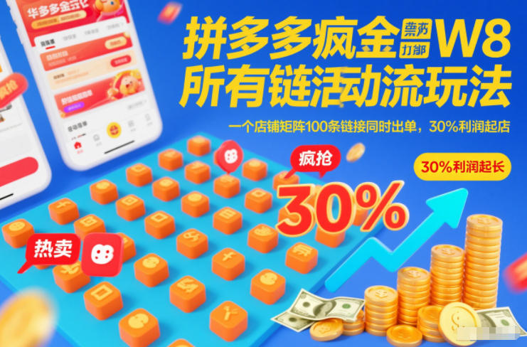 拼多多疯狂活动流玩法，所有链接全部打标，一个店铺矩阵100条链接同时出单，30%利润起店-禾谷轻创网