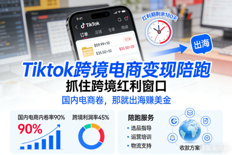 Tiktok跨境电商变现陪跑，抓住跨境红利窗口，国内电商卷，那就出海賺美金-禾谷轻创网