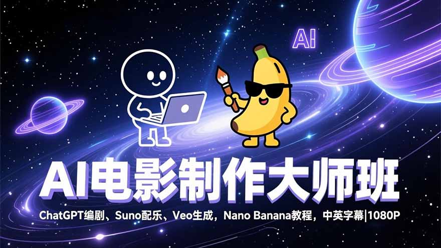 AI电影制作大师班：ChatGPT编剧、Suno配乐、Veo生成，Nano Banana教程，中英字幕|1080P-禾谷轻创网