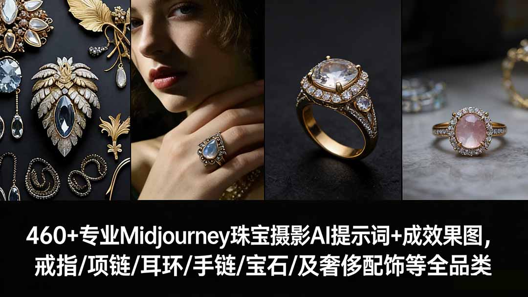 460+专业Midjourney珠宝摄影AI提示词+成效果图，戒指/项链/耳环/手链/宝石/及奢侈配饰等全品类-禾谷轻创网