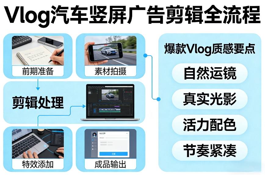Vlog感觉汽车竖屏广告剪辑脚本全流程，拿捏爆款Vlog质感-禾谷轻创网