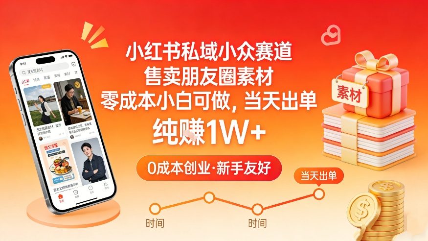 小红书私域小众赛道，售卖朋友圈素材，零成本小白可做，当天出单，月入1W+-禾谷轻创网