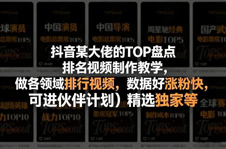 抖音某大佬的TOP盘点排名视频制作，做各领域排行视频，数据好涨粉快，可进伙伴计划＋精选独家等-禾谷轻创网