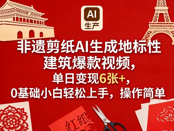 非遗剪纸AI生成地标性建筑爆款视频，单日变现6张+，0基础小白轻松上手，操作简单-禾谷轻创网