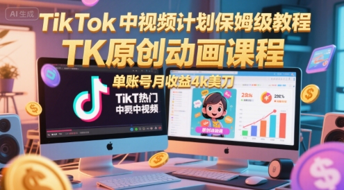 TikTok中视频计划保姆级教程，TK原创动画课程，单账号月收益4k美刀-禾谷轻创网