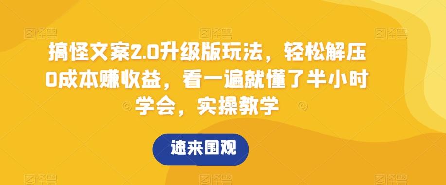 搞怪文案2.0升级版玩法，轻松解压0成本赚收益，看一遍就懂了半小时学会，实操教学【揭秘】-禾谷轻创网
