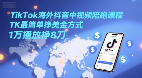 TikTok海外抖音中视频陪跑课程，TK最简单挣美金方式，1万播放挣8刀-禾谷轻创网