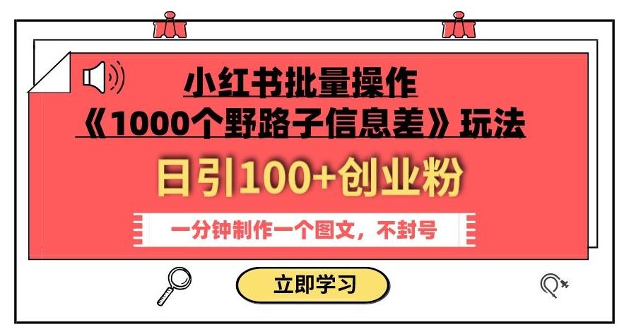 小红书批量操作《1000个野路子信息差》玩法，一分钟制作一个图文，不封号，日引100+创业粉-禾谷轻创网