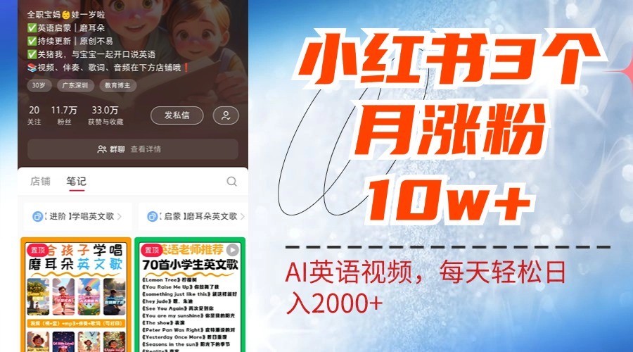 小红书三个月涨粉10W，AI英语视频0成本制作，每天轻松日入2000+-禾谷轻创网