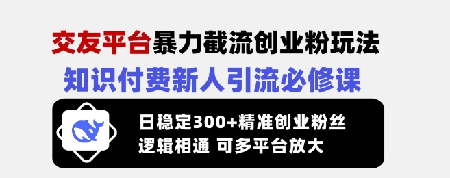交友平台暴力截流创业粉玩法，知识付费新人引流必修课，日稳定300+精准创业粉丝，逻辑相通可多平台放大-禾谷轻创网