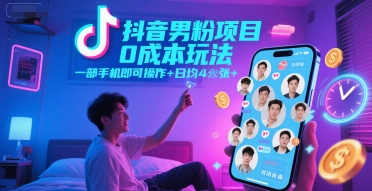 抖音男粉项目0成本玩法，一部手机即可操作，日均4张+，时间自由-禾谷轻创网