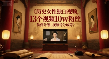 历史女性独白视频，13个视频10w粉丝，伙伴计划，视频号分成等-禾谷轻创网