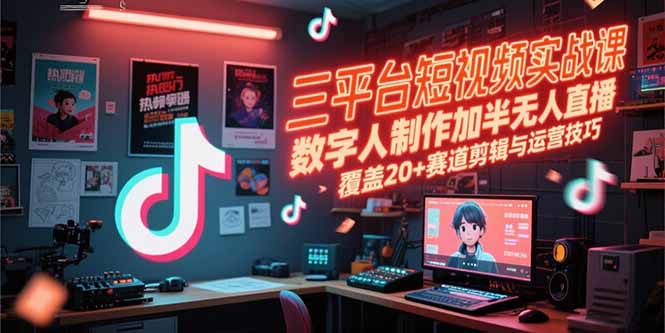 三平台短视频实战课,数字人制作加半无人直播,覆盖20+赛道剪辑与运营技巧-禾谷轻创网