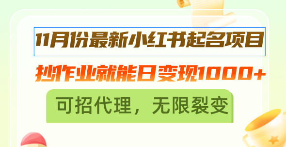 11月份最新小红书起名项目，抄作业就能日变现1000+，可招代理，无限裂变-禾谷轻创网