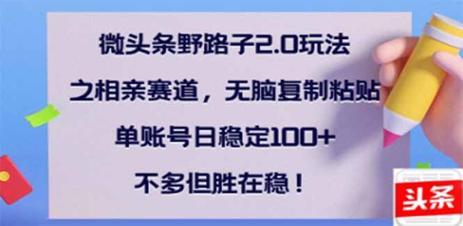 微头条野路子2.0玩法之相亲赛道，无脑搬砖复制粘贴，单账号日稳定300+...-禾谷轻创网