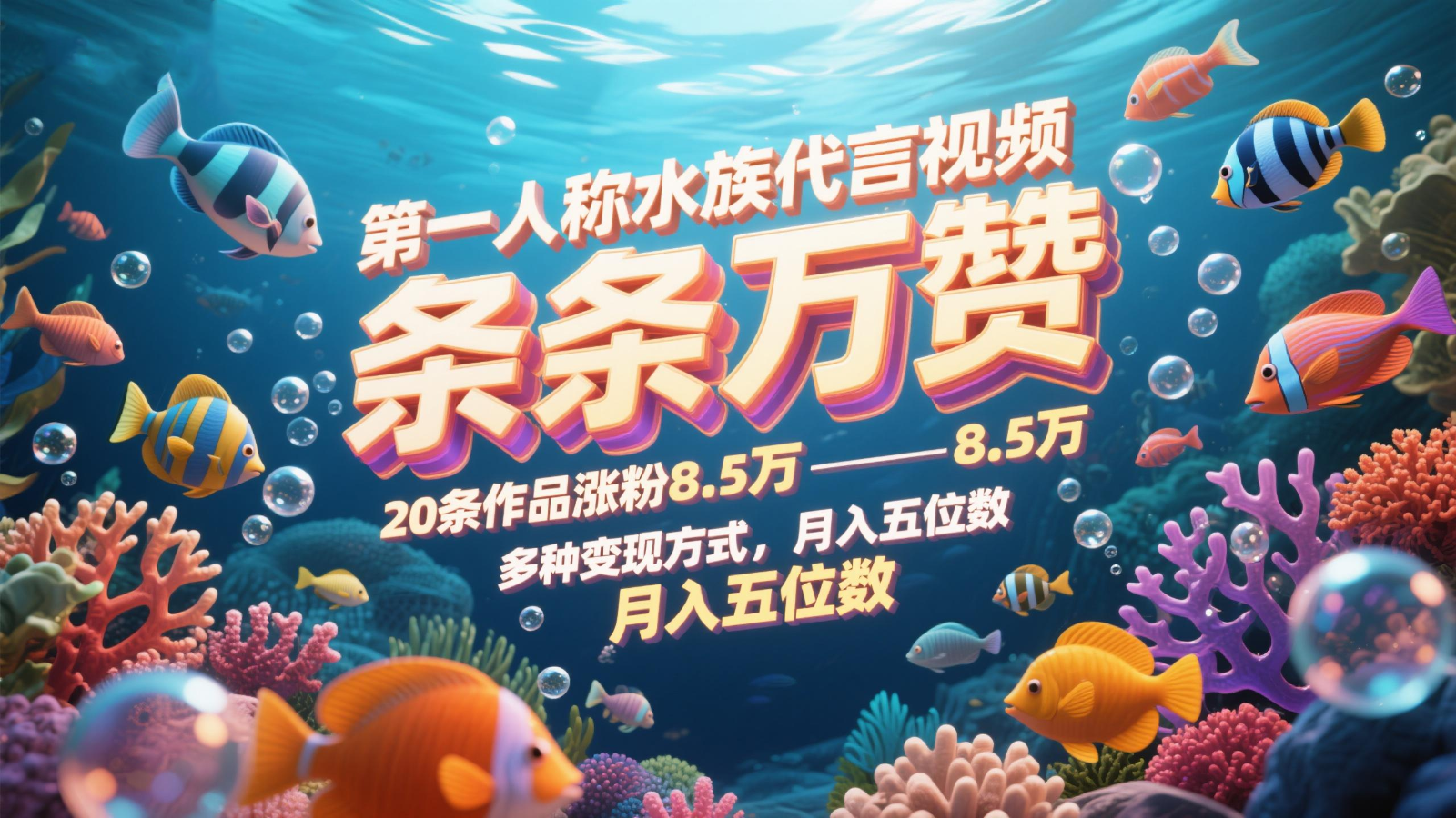第一人称水族代言视频，条条万赞，20条作品涨粉8.5万，多种变现方式月，入五位数-禾谷轻创网