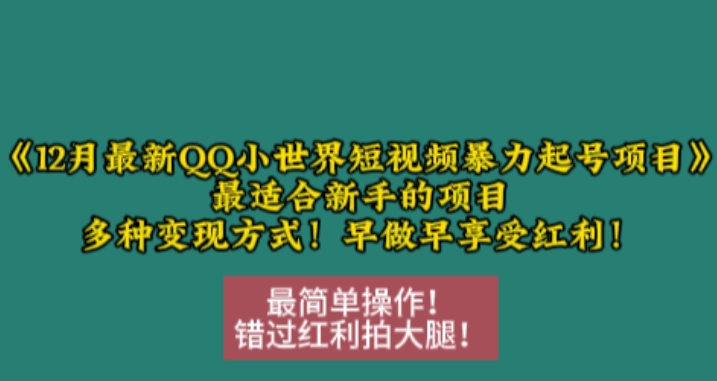 12月最新QQ小世界短视频暴力起号项目，最适合新手的项目，多种变现方式-禾谷轻创网