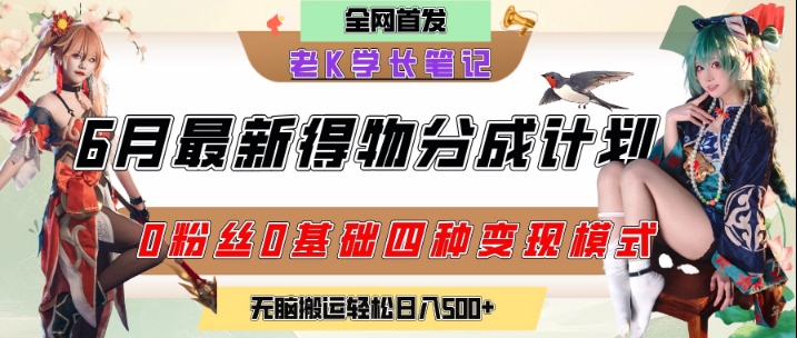 6月份最新得物创作者分成计划2.0玩法，0粉丝0基础四种模式变现，从隐蔽渠道无脑搬运，日入2张-禾谷轻创网