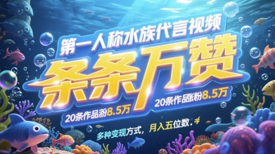 第一人称水族代言视频，条条万赞，20条作品涨粉9.9W，多种变现方式月入五位数-禾谷轻创网